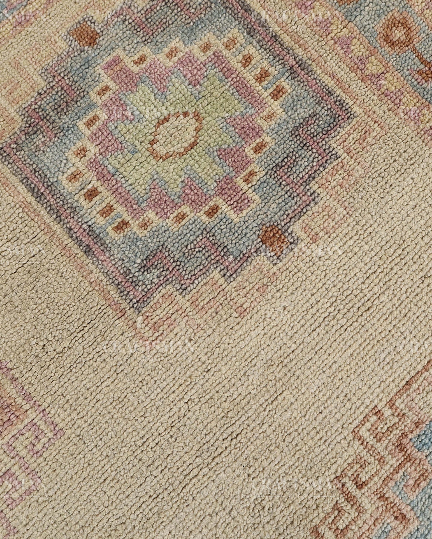 Hand Tufted Oushak Rug – Handmade Southwestern Geometric Wool Area Rug | Vintage Turkish Inspired Carpet in Ivory, Blush Pink & Sky Blue