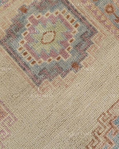 Hand Tufted Oushak Rug – Handmade Southwestern Geometric Wool Area Rug | Vintage Turkish Inspired Carpet in Ivory, Blush Pink & Sky Blue