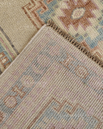 Hand Tufted Oushak Rug – Handmade Southwestern Geometric Wool Area Rug | Vintage Turkish Inspired Carpet in Ivory, Blush Pink & Sky Blue