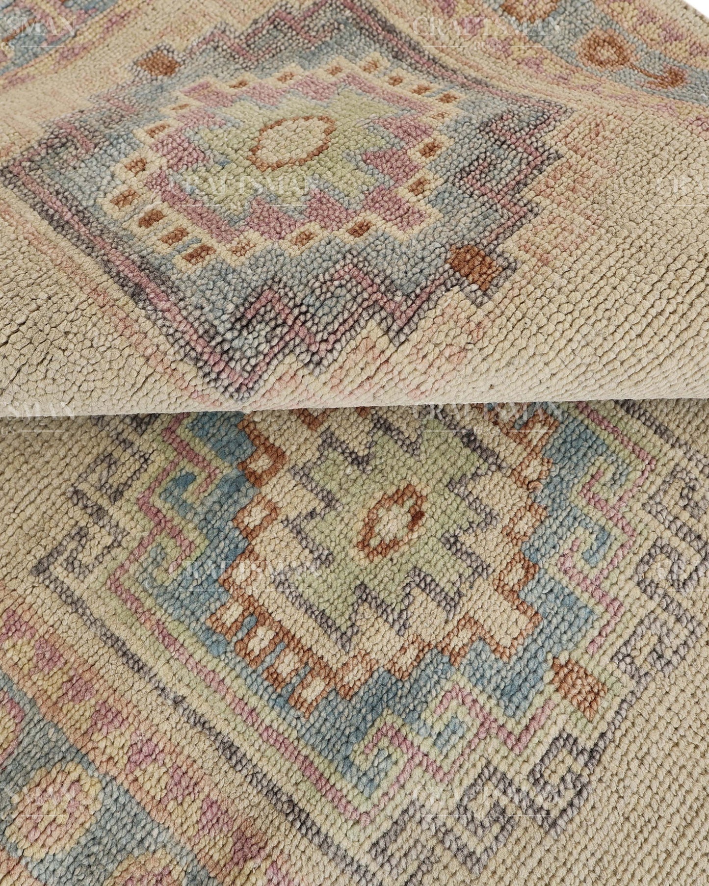 Hand Tufted Oushak Rug – Handmade Southwestern Geometric Wool Area Rug | Vintage Turkish Inspired Carpet in Ivory, Blush Pink & Sky Blue