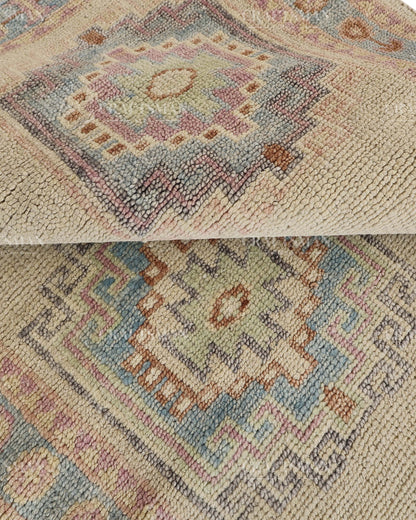 Hand Tufted Oushak Rug – Handmade Southwestern Geometric Wool Area Rug | Vintage Turkish Inspired Carpet in Ivory, Blush Pink & Sky Blue