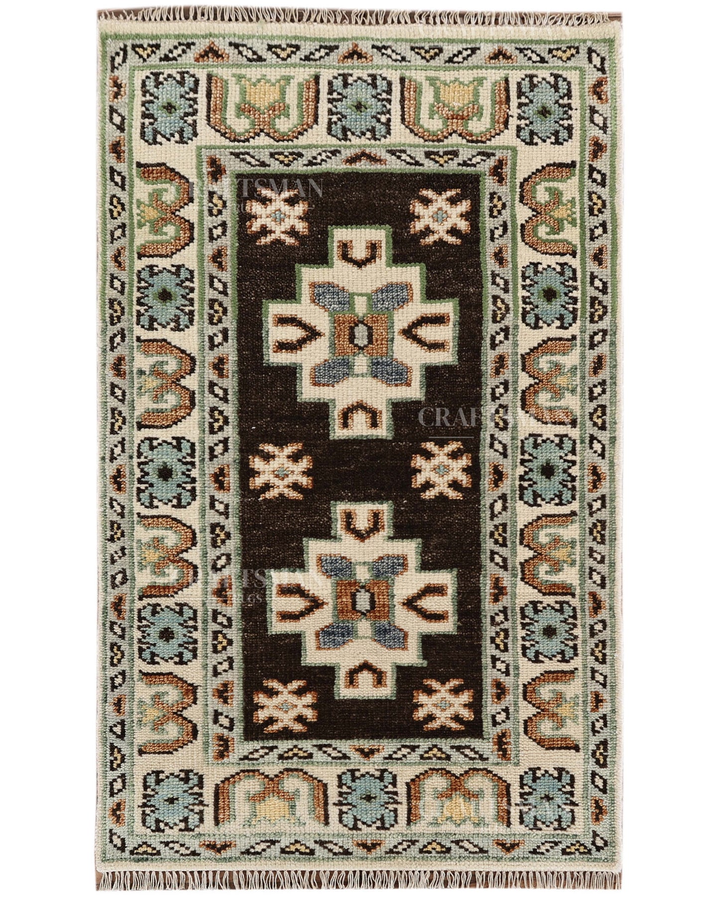 Hand Tufted Oushak Rug – Handmade Geometric Wool Area Rug | Vintage Turkish Accent Carpet in Black, Ivory, Sage Green & Blue