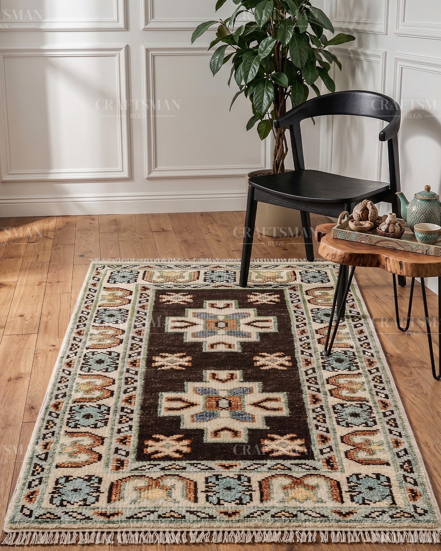 Hand Knotted Oushak Rug – Handmade Geometric Wool Area Rug | Vintage Turkish Accent Carpet in Black, Ivory, Sage Green & Blue