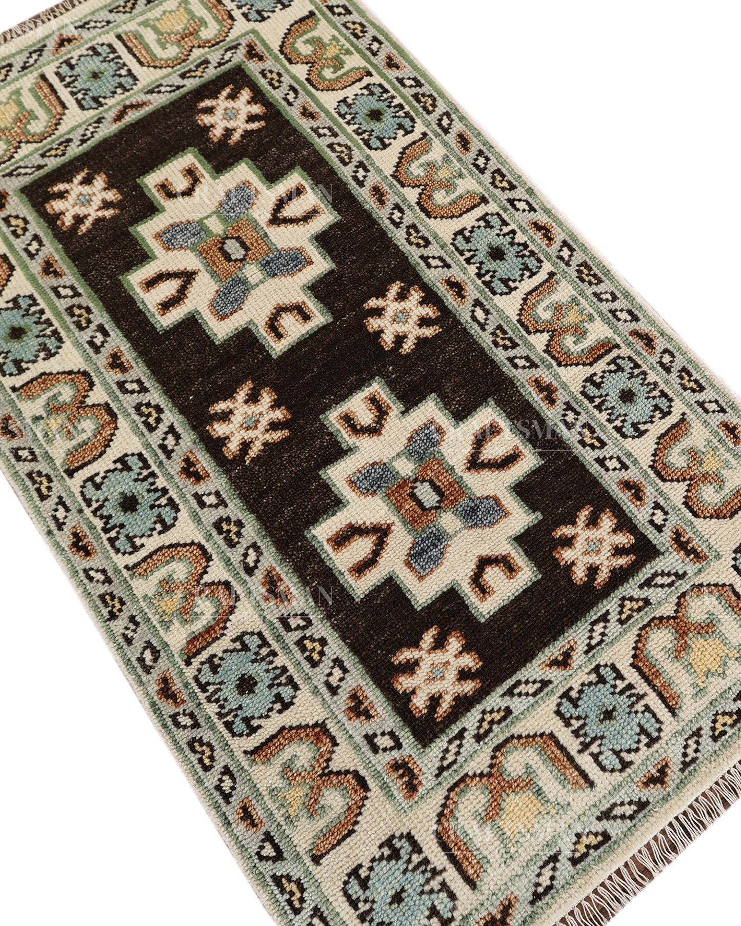 Hand Tufted Oushak Rug – Handmade Geometric Wool Area Rug | Vintage Turkish Accent Carpet in Black, Ivory, Sage Green & Blue