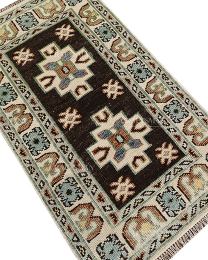 Hand Tufted Oushak Rug – Handmade Geometric Wool Area Rug | Vintage Turkish Accent Carpet in Black, Ivory, Sage Green & Blue