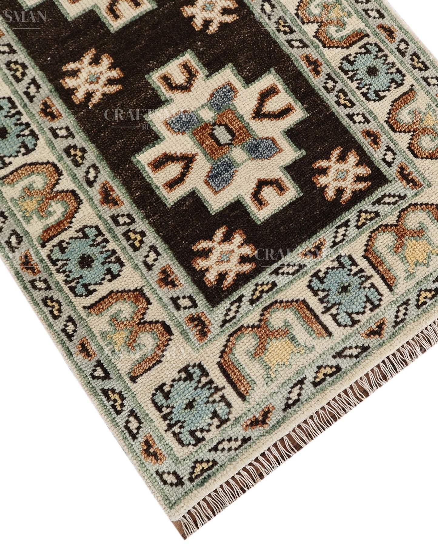 Hand Tufted Oushak Rug – Handmade Geometric Wool Area Rug | Vintage Turkish Accent Carpet in Black, Ivory, Sage Green & Blue