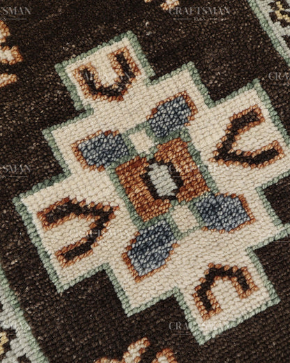 Hand Tufted Oushak Rug – Handmade Geometric Wool Area Rug | Vintage Turkish Accent Carpet in Black, Ivory, Sage Green & Blue
