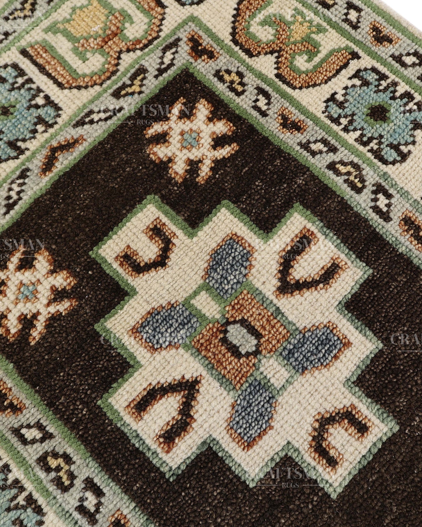 Hand Tufted Oushak Rug – Handmade Geometric Wool Area Rug | Vintage Turkish Accent Carpet in Black, Ivory, Sage Green & Blue