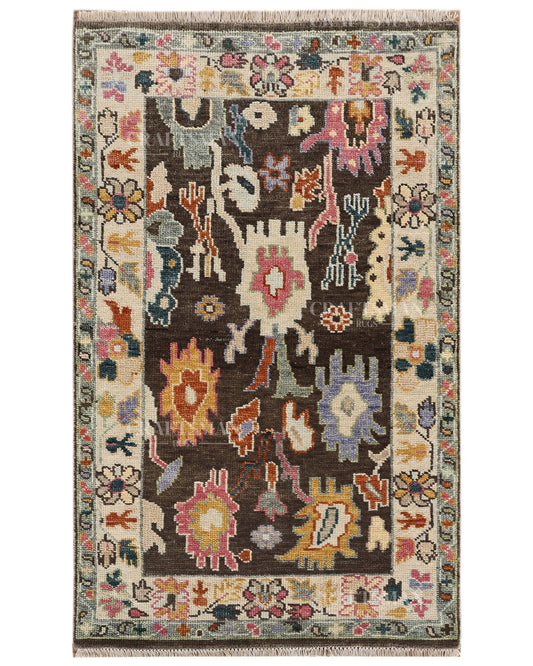 Hand Knotted Oushak Rug – Handmade Vintage Wool Floral Area Rug | Turkish Inspired Bohemian Carpet in Charcoal & Multicolor