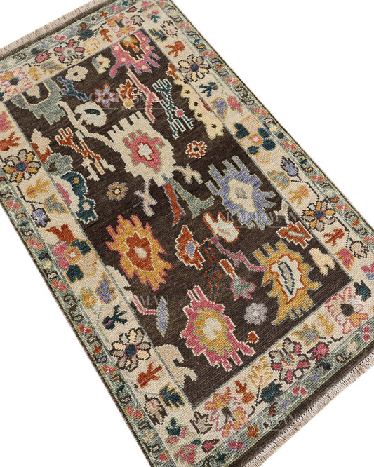 Hand Knotted Oushak Rug – Handmade Vintage Wool Floral Area Rug | Turkish Inspired Bohemian Carpet in Charcoal & Multicolor
