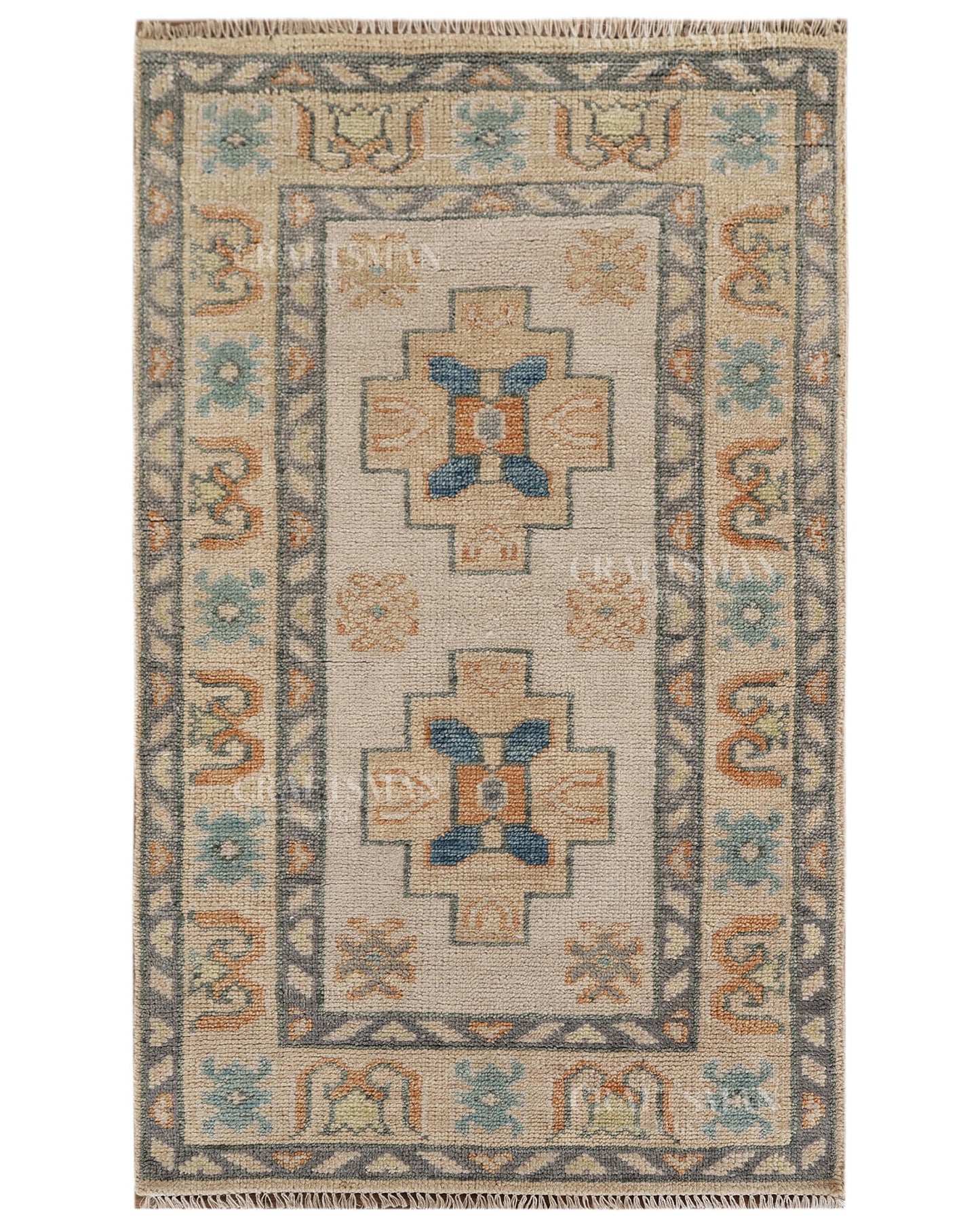 Hand Tufted Oushak Rug – Handmade Geometric Wool Area Rug | Vintage Turkish Accent Carpet in Ivory, Blue & Rust