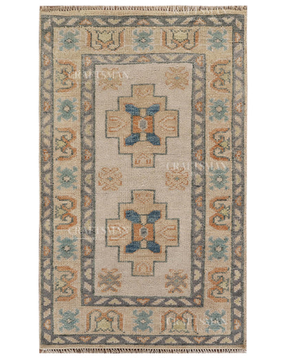 Hand Tufted Oushak Rug – Handmade Geometric Wool Area Rug | Vintage Turkish Accent Carpet in Ivory, Blue & Rust