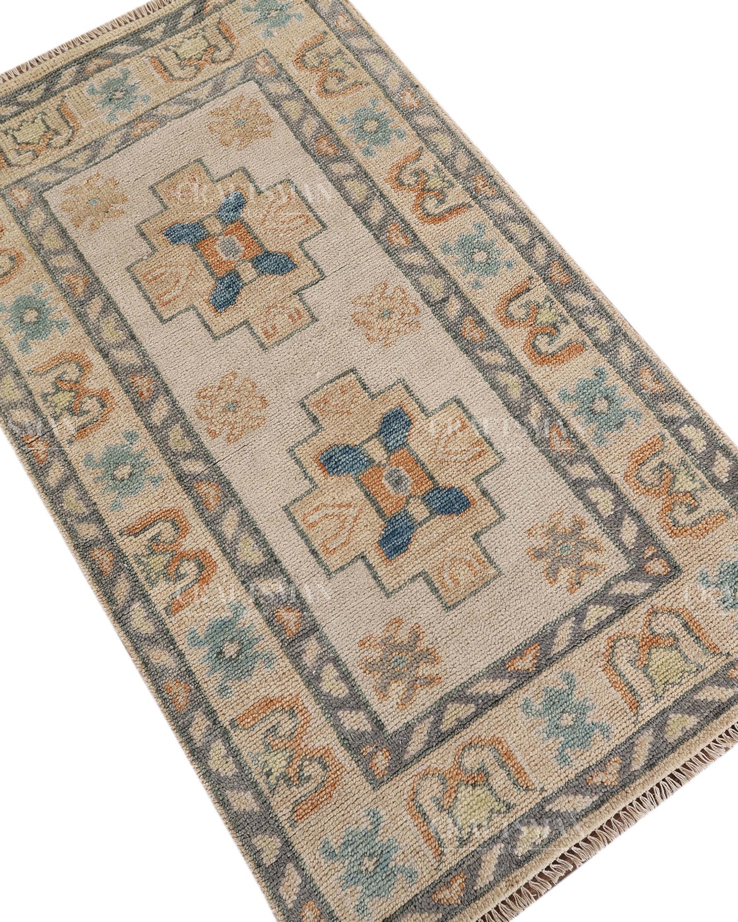 Hand Tufted Oushak Rug – Handmade Geometric Wool Area Rug | Vintage Turkish Accent Carpet in Ivory, Blue & Rust