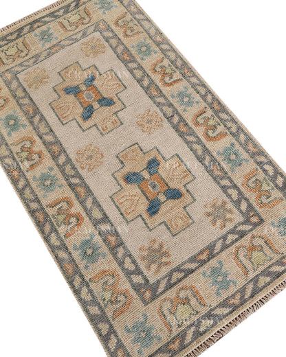 Hand Tufted Oushak Rug – Handmade Geometric Wool Area Rug | Vintage Turkish Accent Carpet in Ivory, Blue & Rust