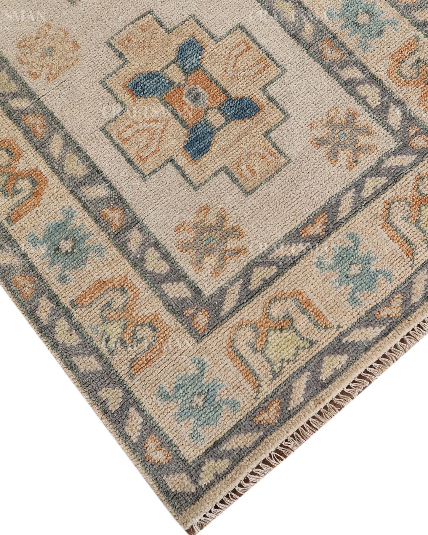 Hand Tufted Oushak Rug – Handmade Geometric Wool Area Rug | Vintage Turkish Accent Carpet in Ivory, Blue & Rust