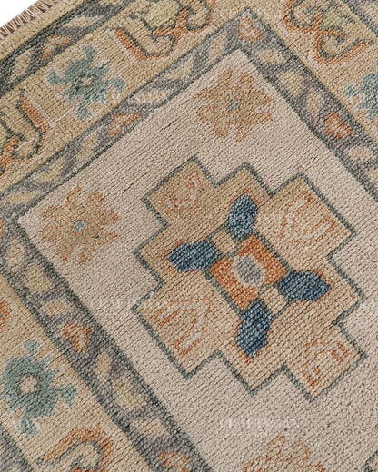 Hand Tufted Oushak Rug – Handmade Geometric Wool Area Rug | Vintage Turkish Accent Carpet in Ivory, Blue & Rust