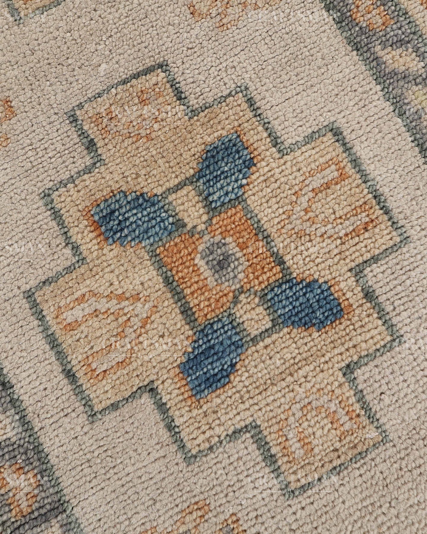 Hand Tufted Oushak Rug – Handmade Geometric Wool Area Rug | Vintage Turkish Accent Carpet in Ivory, Blue & Rust