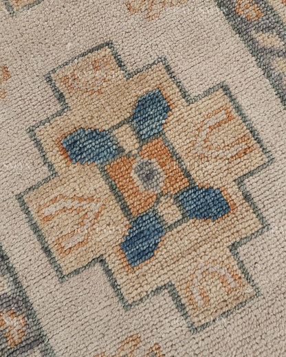 Hand Tufted Oushak Rug – Handmade Geometric Wool Area Rug | Vintage Turkish Accent Carpet in Ivory, Blue & Rust