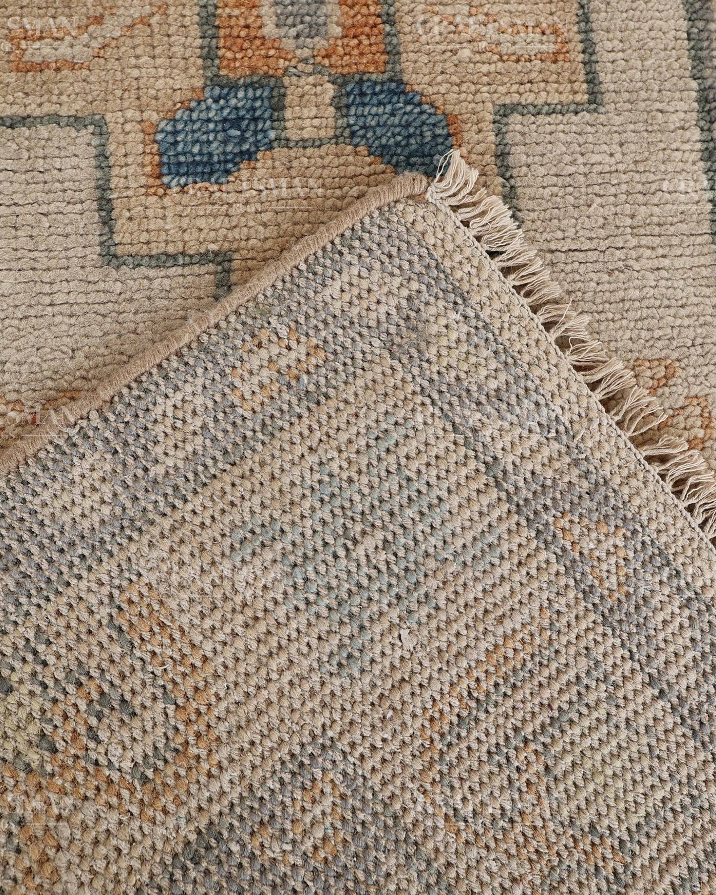 Hand Tufted Oushak Rug – Handmade Geometric Wool Area Rug | Vintage Turkish Accent Carpet in Ivory, Blue & Rust