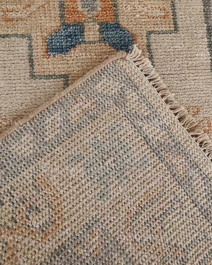 Hand Tufted Oushak Rug – Handmade Geometric Wool Area Rug | Vintage Turkish Accent Carpet in Ivory, Blue & Rust