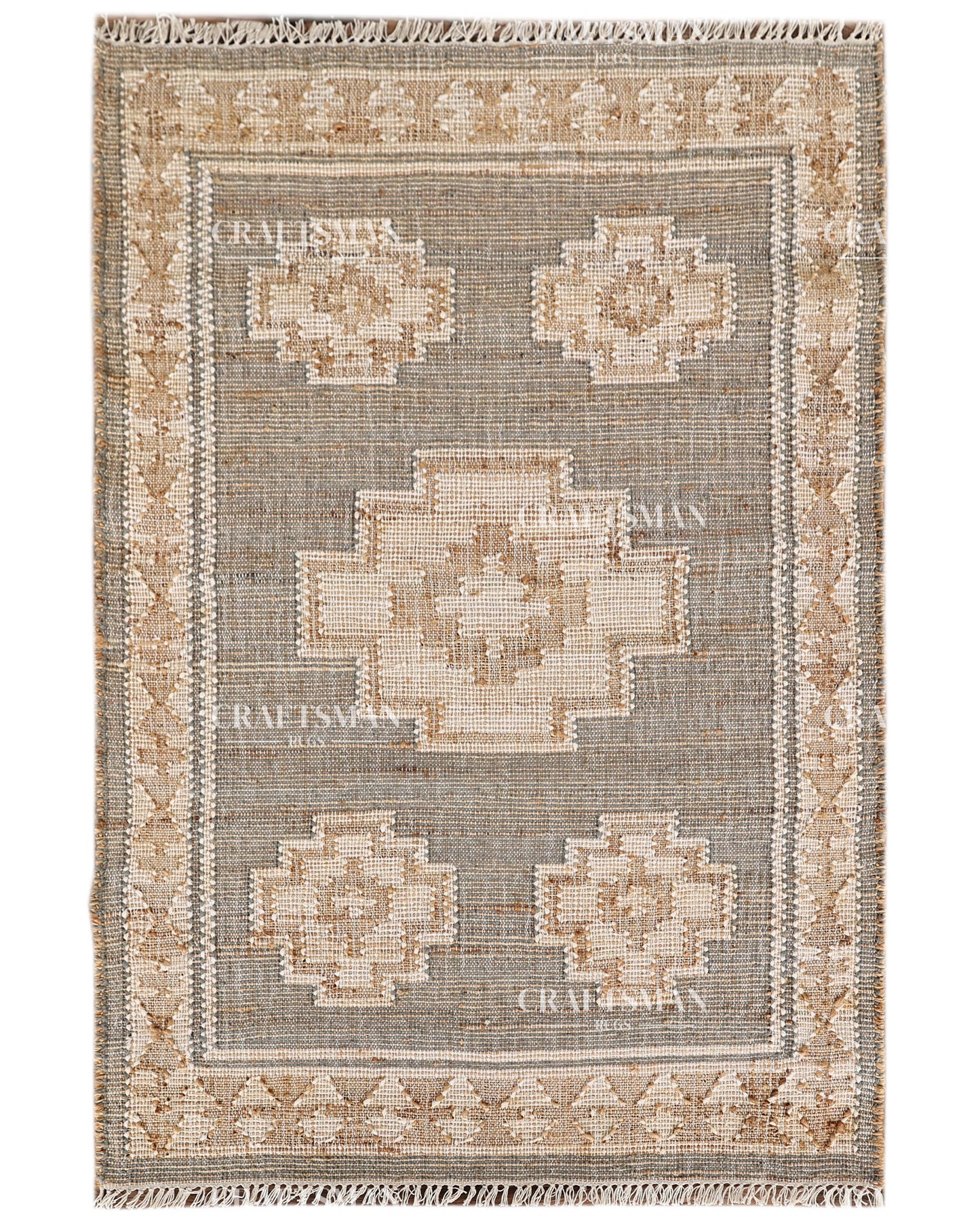 Handwoven Gray Jute Area Rug – Handmade Geometric Boho Farmhouse Flatweave Rug | Natural Eco-Friendly Area Carpet