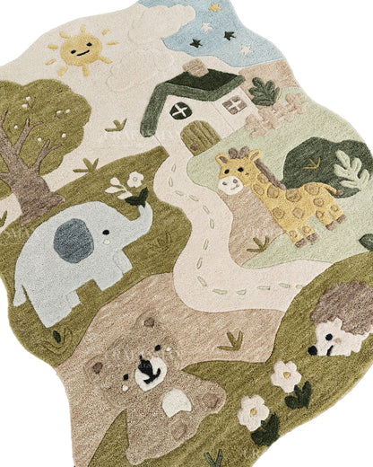 Kids Animal Safari Rug, Cute Jungle Nursery Area Rug, Handmade Tufted Animal Carpet for Baby Room, Woodland Kids Bedroom Rug