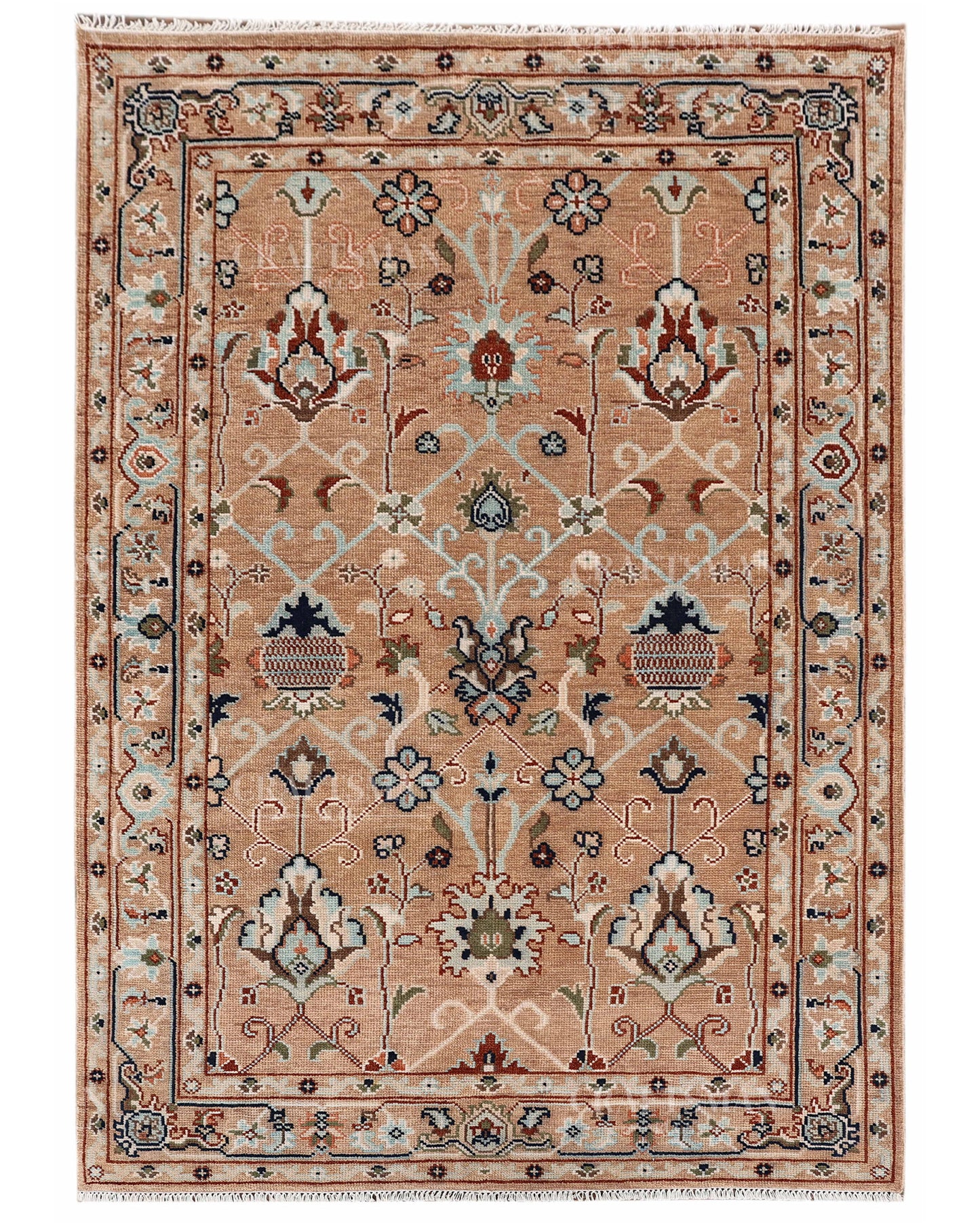 Hand Knotted Oushak Rug – Handmade Vintage Turkish Floral Wool Area Rug in Beige & Peach | Traditional Living Room Carpet