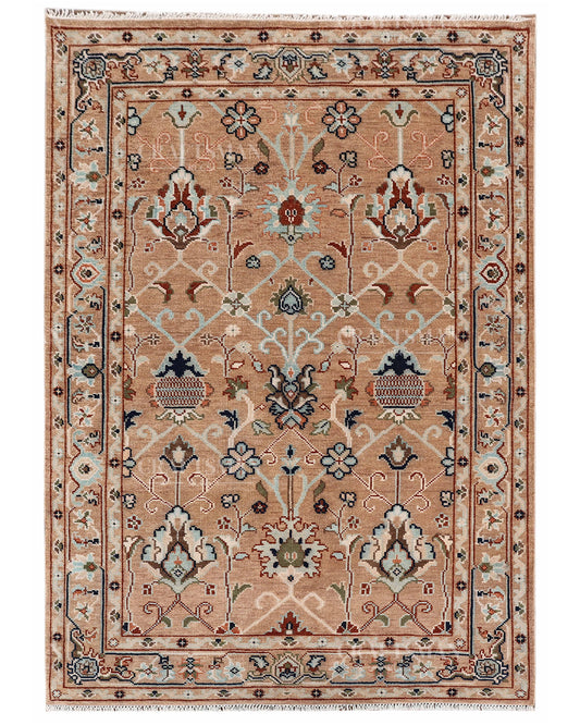 Hand Knotted Oushak Rug – Handmade Vintage Turkish Floral Wool Area Rug in Beige & Peach | Traditional Living Room Carpet
