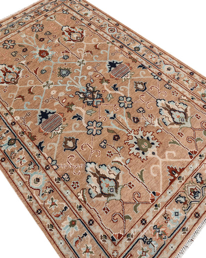 Hand Knotted Oushak Rug – Handmade Vintage Turkish Floral Wool Area Rug in Beige & Peach | Traditional Living Room Carpet