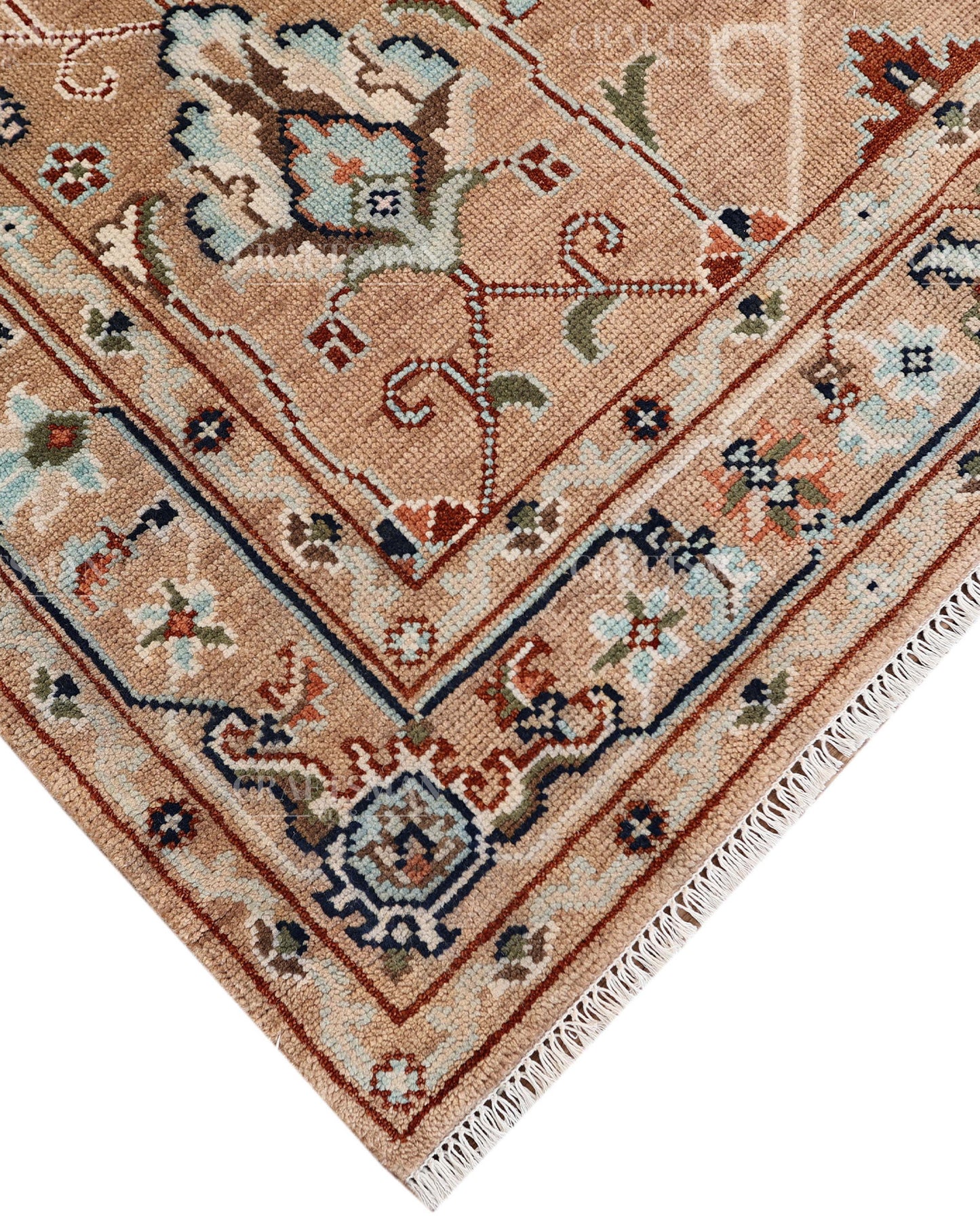 Hand Knotted Oushak Rug – Handmade Vintage Turkish Floral Wool Area Rug in Beige & Peach | Traditional Living Room Carpet