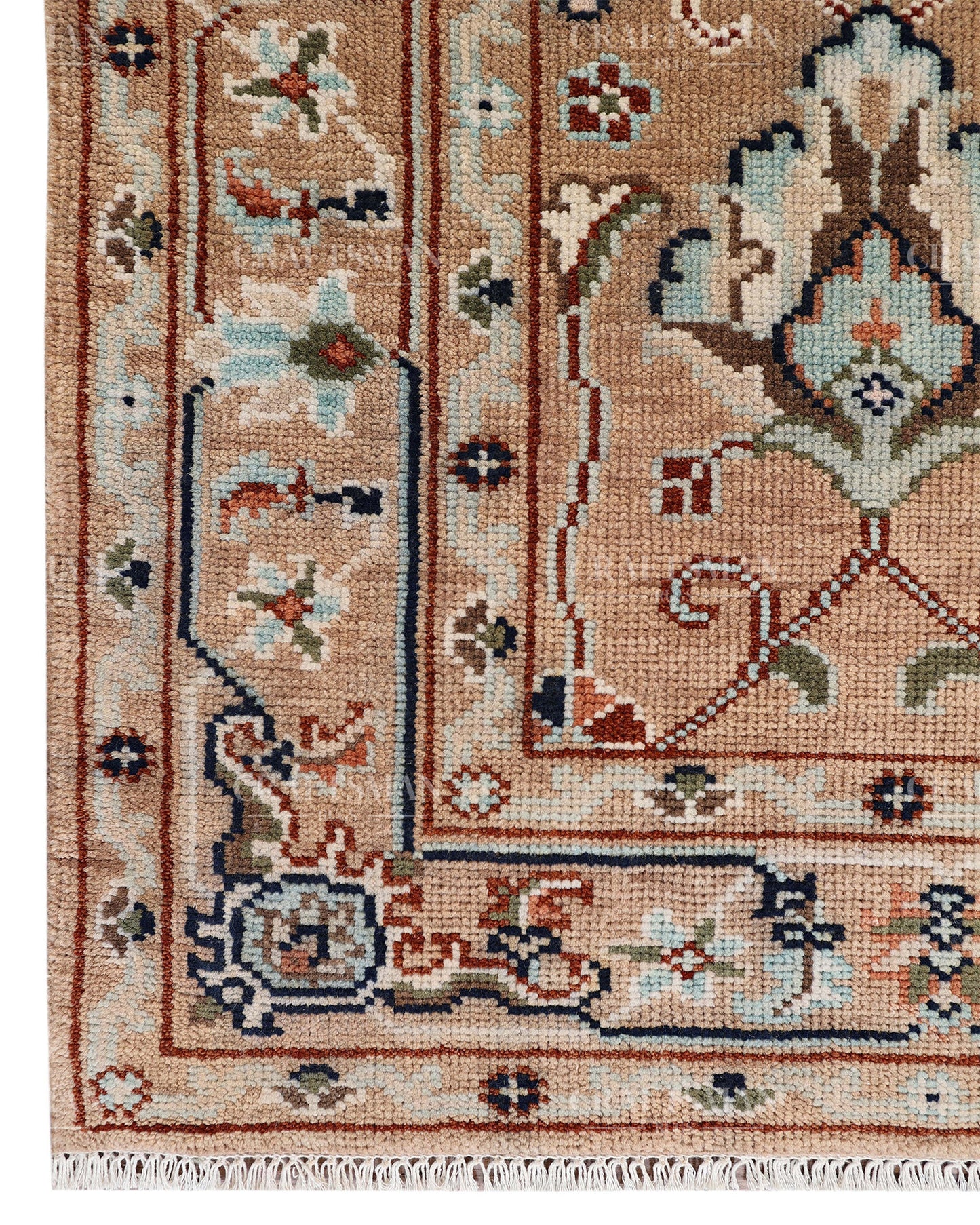 Hand Knotted Oushak Rug – Handmade Vintage Turkish Floral Wool Area Rug in Beige & Peach | Traditional Living Room Carpet