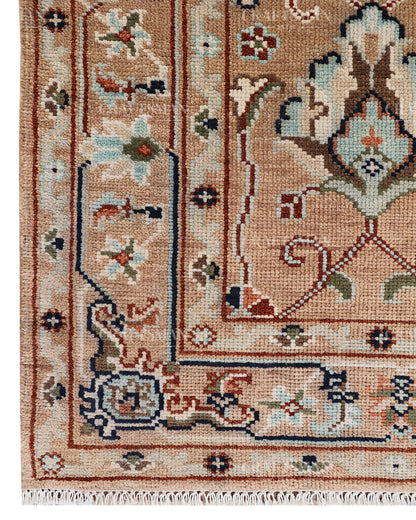 Hand Knotted Oushak Rug – Handmade Vintage Turkish Floral Wool Area Rug in Beige & Peach | Traditional Living Room Carpet