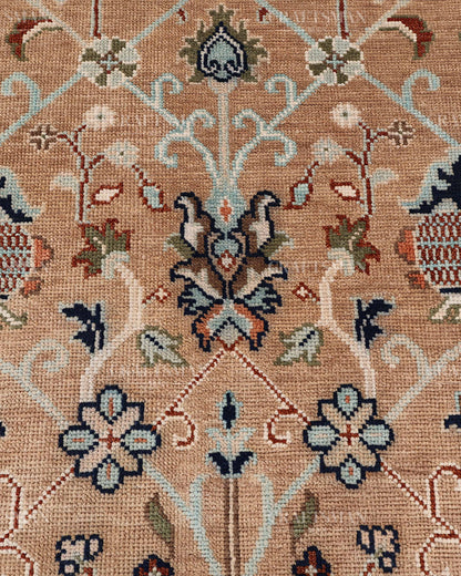 Hand Knotted Oushak Rug – Handmade Vintage Turkish Floral Wool Area Rug in Beige & Peach | Traditional Living Room Carpet