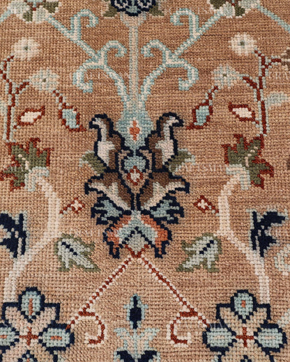 Hand Knotted Oushak Rug – Handmade Vintage Turkish Floral Wool Area Rug in Beige & Peach | Traditional Living Room Carpet