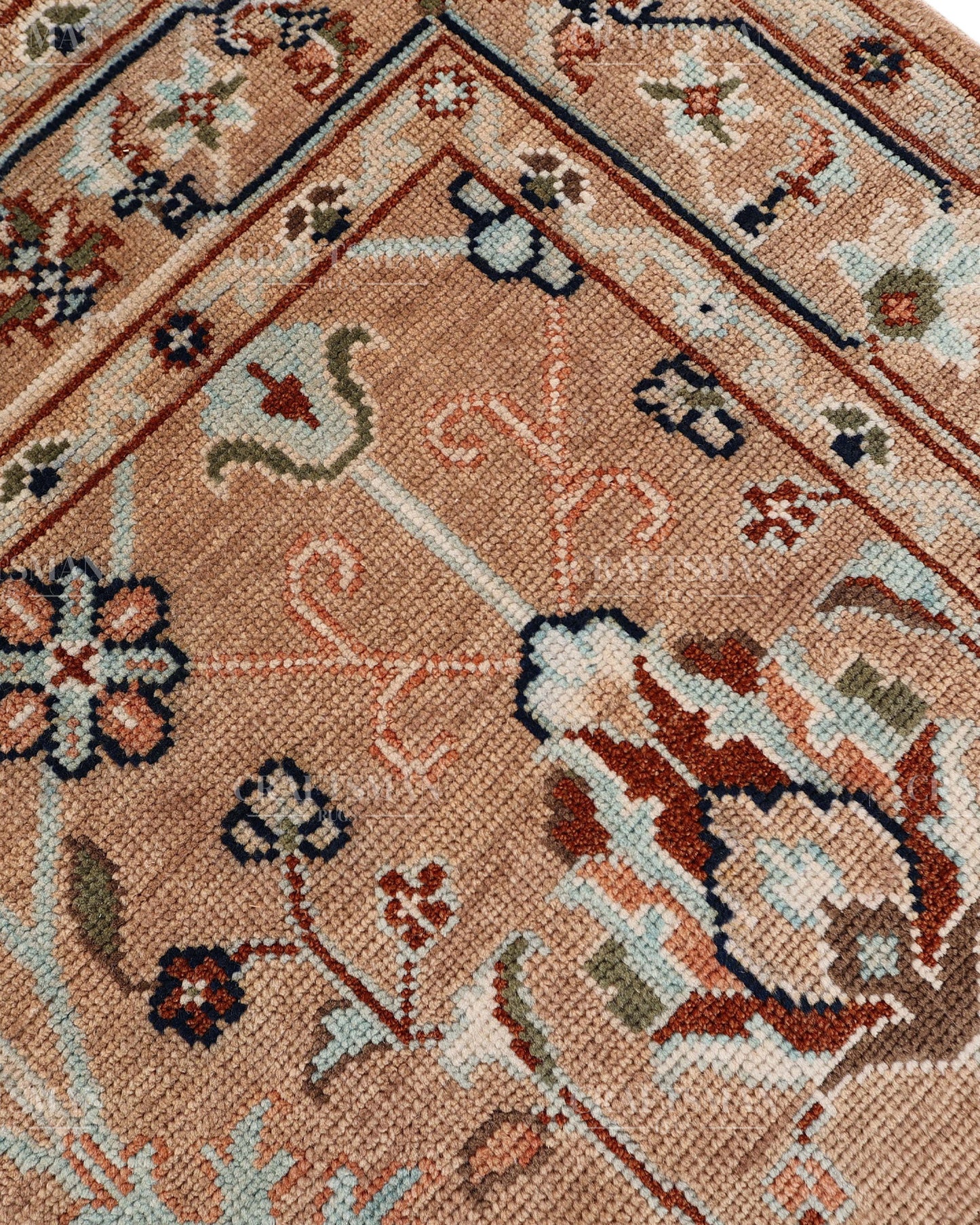 Hand Knotted Oushak Rug – Handmade Vintage Turkish Floral Wool Area Rug in Beige & Peach | Traditional Living Room Carpet