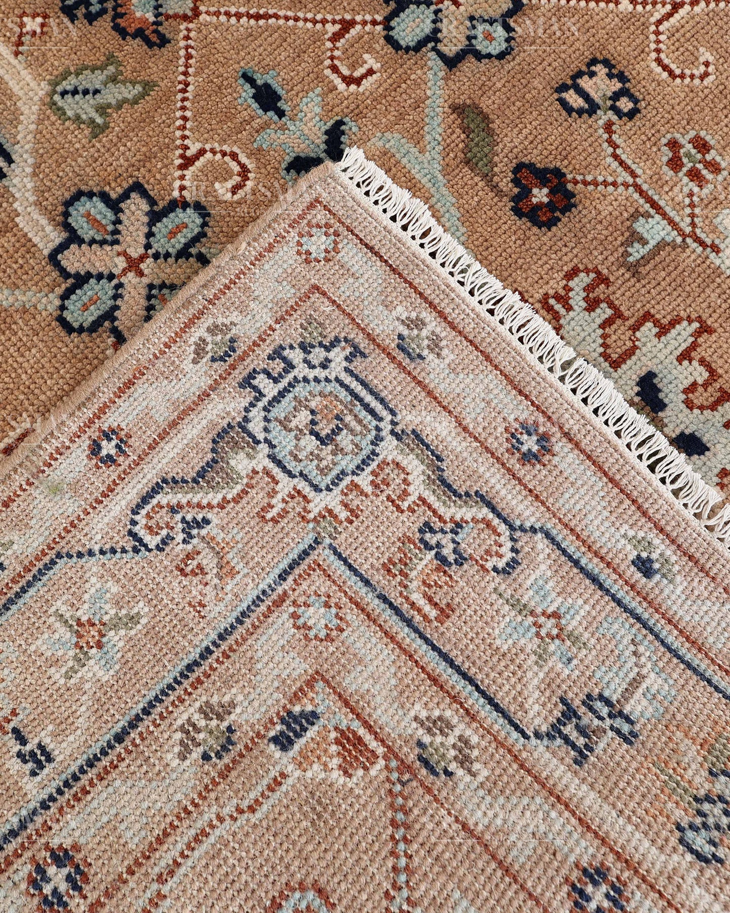 Hand Knotted Oushak Rug – Handmade Vintage Turkish Floral Wool Area Rug in Beige & Peach | Traditional Living Room Carpet