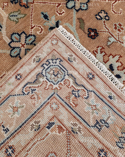 Hand Knotted Oushak Rug – Handmade Vintage Turkish Floral Wool Area Rug in Beige & Peach | Traditional Living Room Carpet