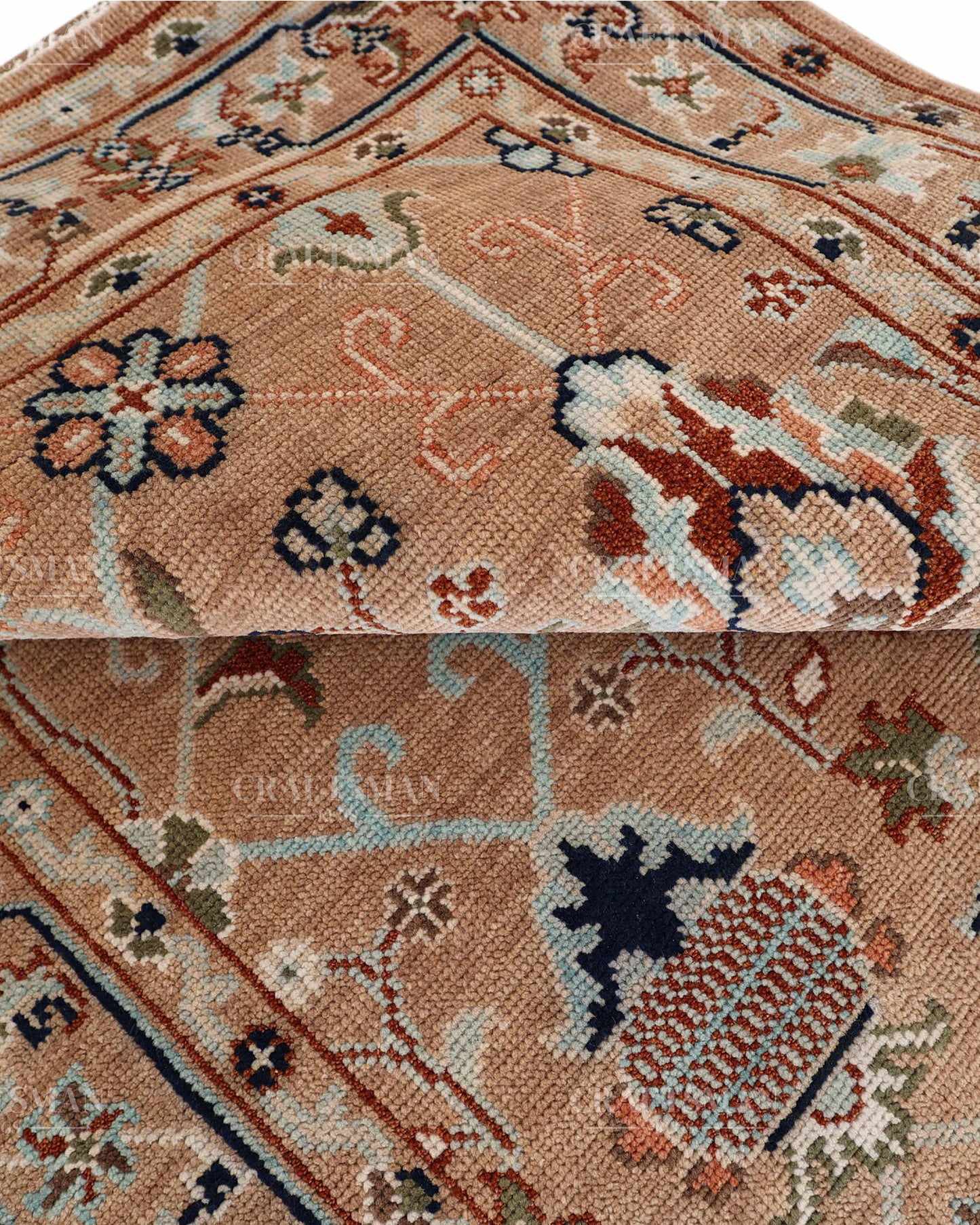 Hand Knotted Oushak Rug – Handmade Vintage Turkish Floral Wool Area Rug in Beige & Peach | Traditional Living Room Carpet
