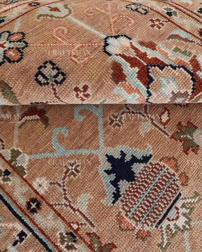 Hand Knotted Oushak Rug – Handmade Vintage Turkish Floral Wool Area Rug in Beige & Peach | Traditional Living Room Carpet