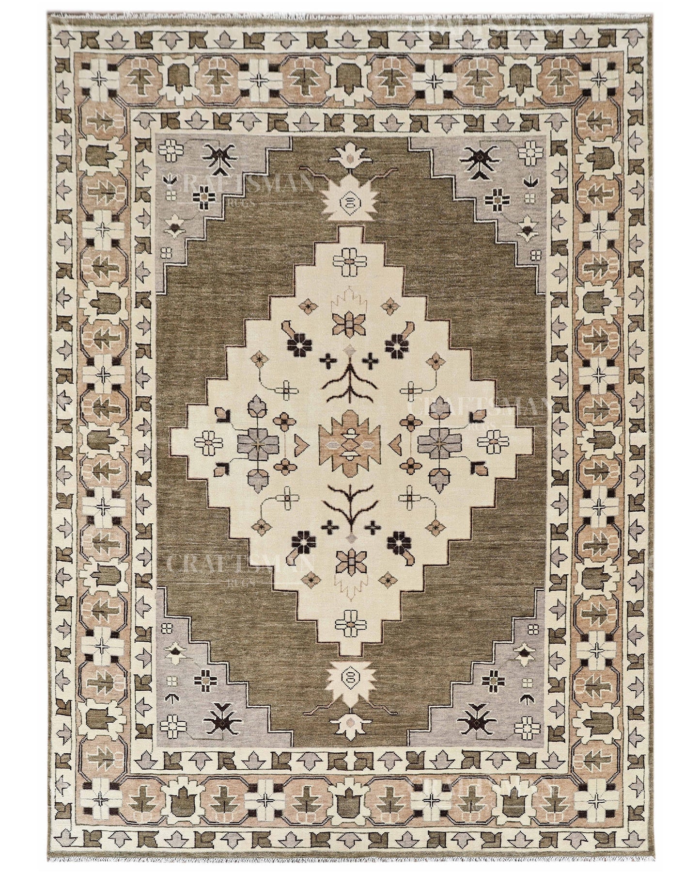 Hand Knotted Southwestern Wool Rug – Olive Green & Ivory Geometric Area Rug | Handmade Tribal Navajo Style Carpet