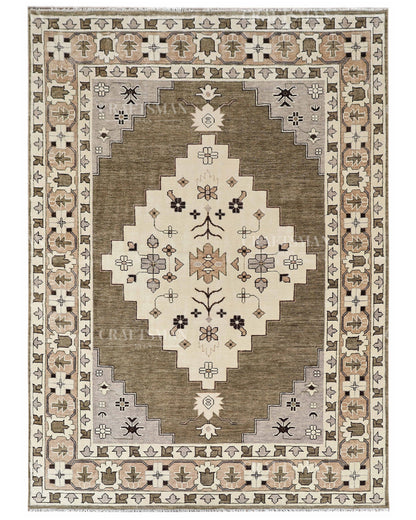 Hand Knotted Southwestern Wool Rug – Olive Green & Ivory Geometric Area Rug | Handmade Tribal Navajo Style Carpet