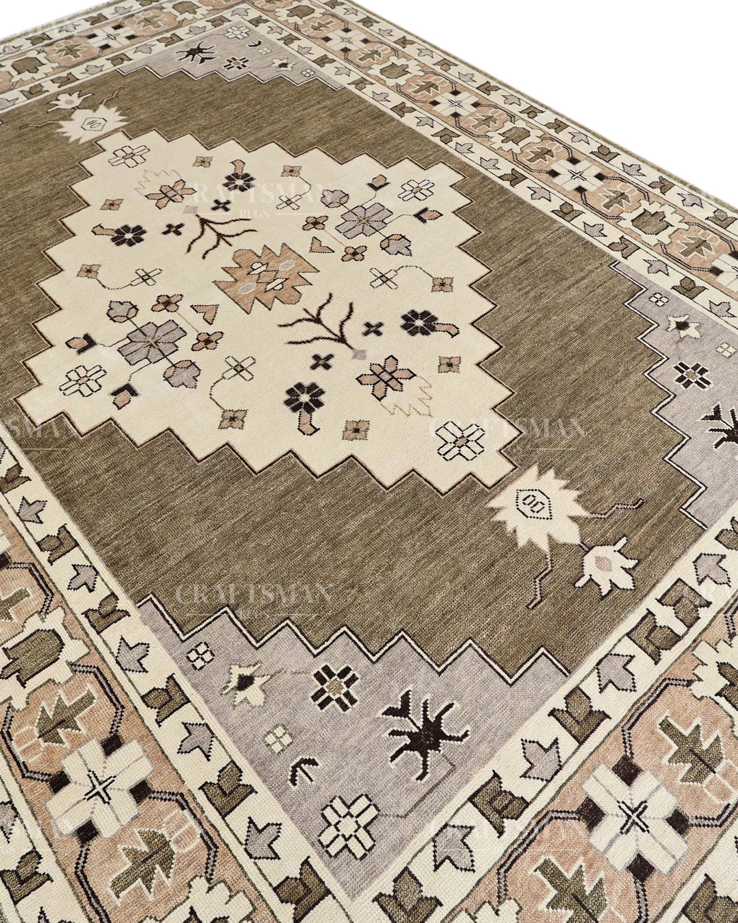 Hand Knotted Southwestern Wool Rug – Olive Green & Ivory Geometric Area Rug | Handmade Tribal Navajo Style Carpet