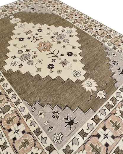 Hand Knotted Southwestern Wool Rug – Olive Green & Ivory Geometric Area Rug | Handmade Tribal Navajo Style Carpet