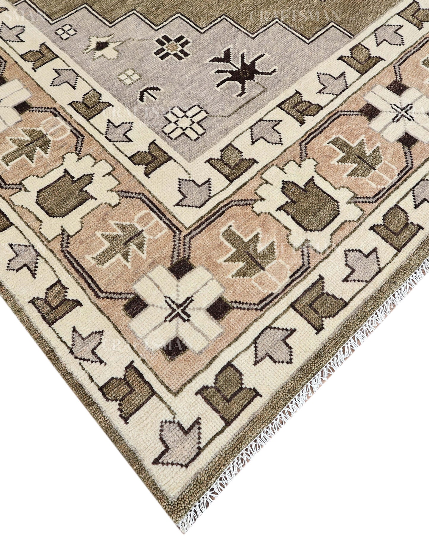 Hand Knotted Southwestern Wool Rug – Olive Green & Ivory Geometric Area Rug | Handmade Tribal Navajo Style Carpet