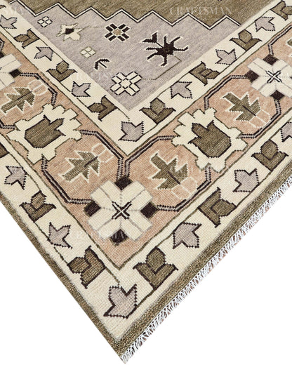 Hand Knotted Southwestern Wool Rug – Olive Green & Ivory Geometric Area Rug | Handmade Tribal Navajo Style Carpet