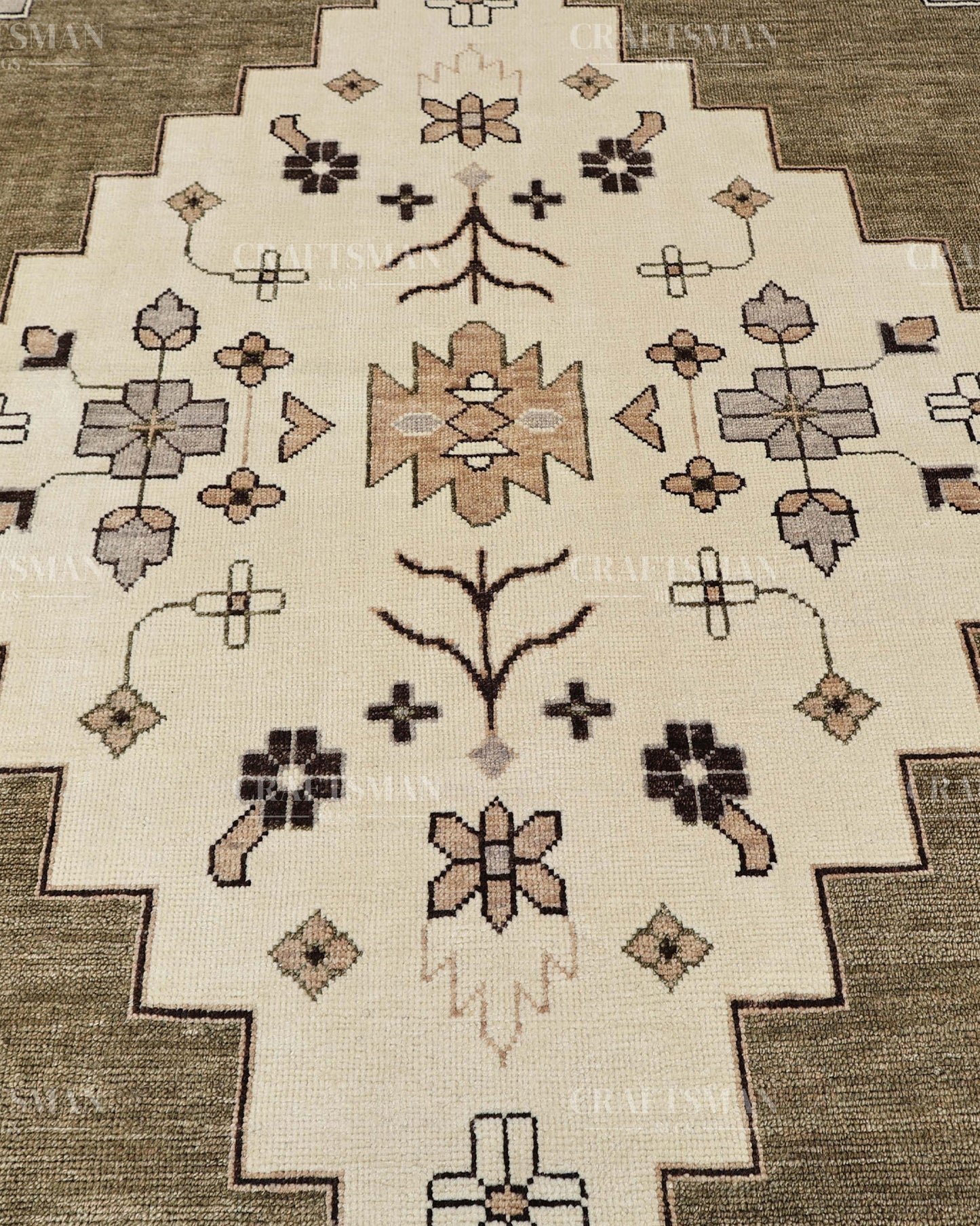 Hand Knotted Southwestern Wool Rug – Olive Green & Ivory Geometric Area Rug | Handmade Tribal Navajo Style Carpet