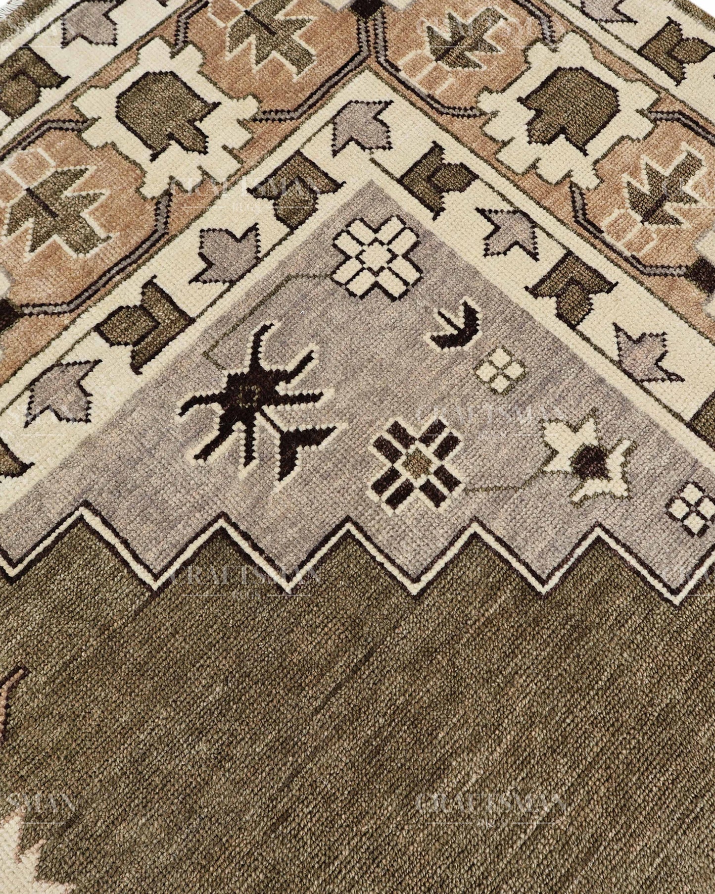 Hand Knotted Southwestern Wool Rug – Olive Green & Ivory Geometric Area Rug | Handmade Tribal Navajo Style Carpet