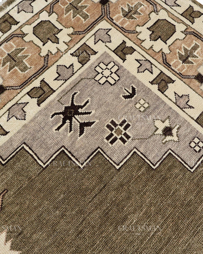 Hand Knotted Southwestern Wool Rug – Olive Green & Ivory Geometric Area Rug | Handmade Tribal Navajo Style Carpet
