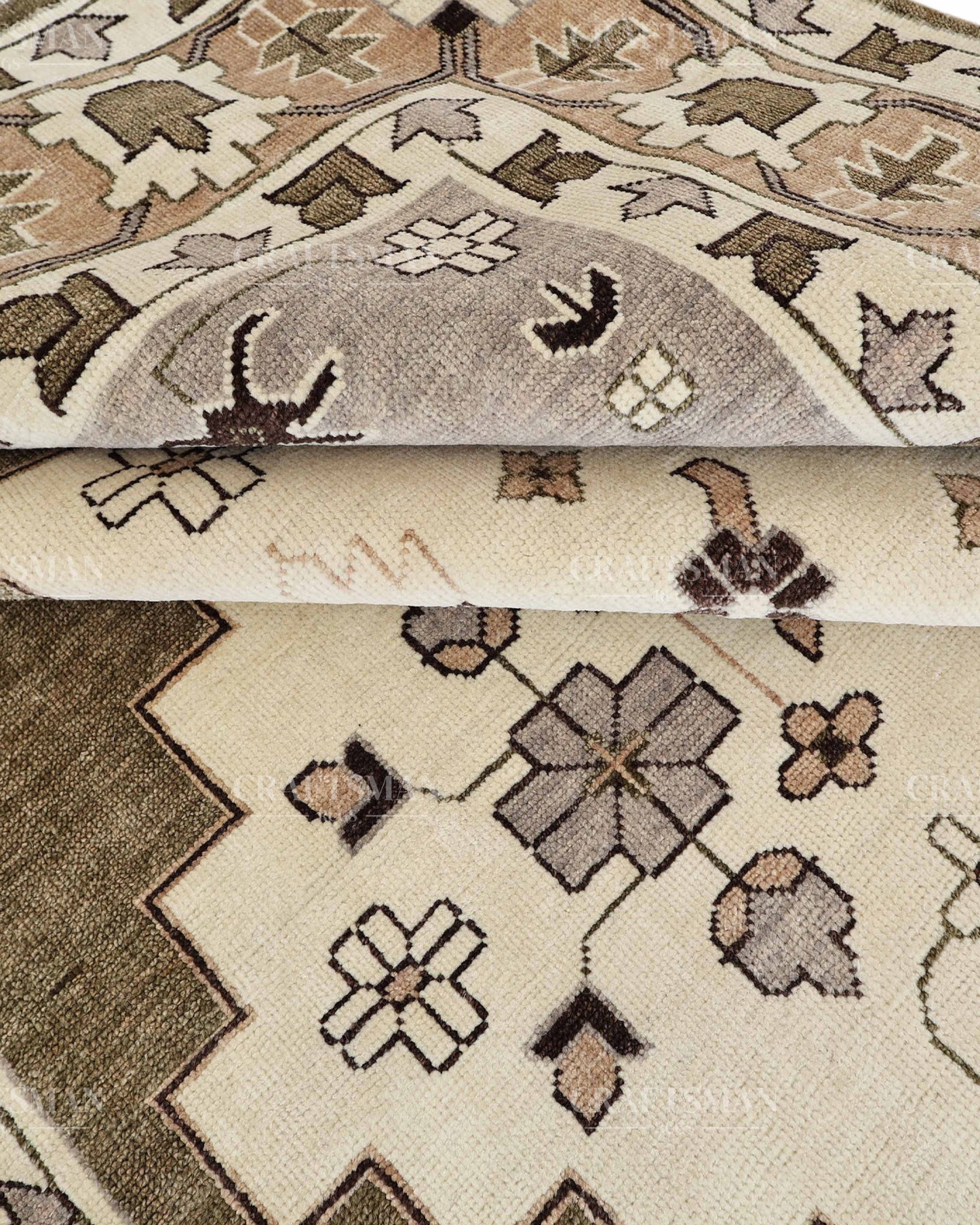 Hand Knotted Southwestern Wool Rug – Olive Green & Ivory Geometric Area Rug | Handmade Tribal Navajo Style Carpet