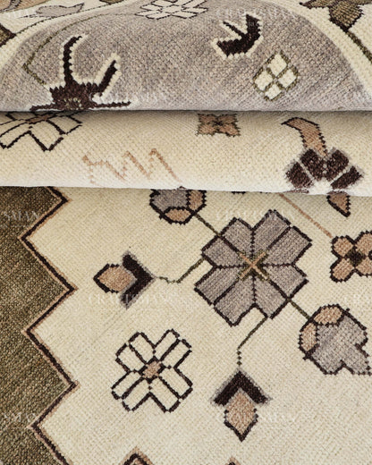 Hand Knotted Southwestern Wool Rug – Olive Green & Ivory Geometric Area Rug | Handmade Tribal Navajo Style Carpet